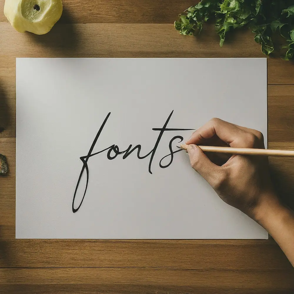 A hand writing the word font on a piece of paper